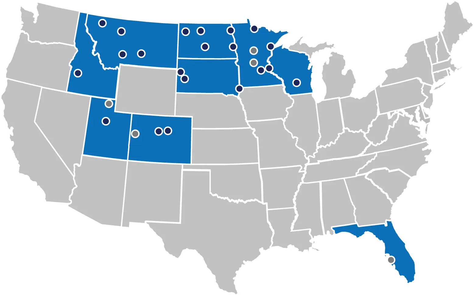 U.S. Map with AE2S office locations, including Boise, Denver, Grand Forks, Fargo, Minneapolis, Big Sky MT, Utah and more