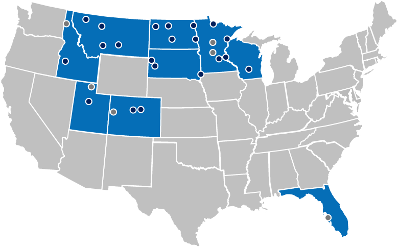 U.S. Map with AE2S office locations, including Boise, Denver, Grand Forks, Fargo, Minneapolis, Big Sky MT, Utah and more
